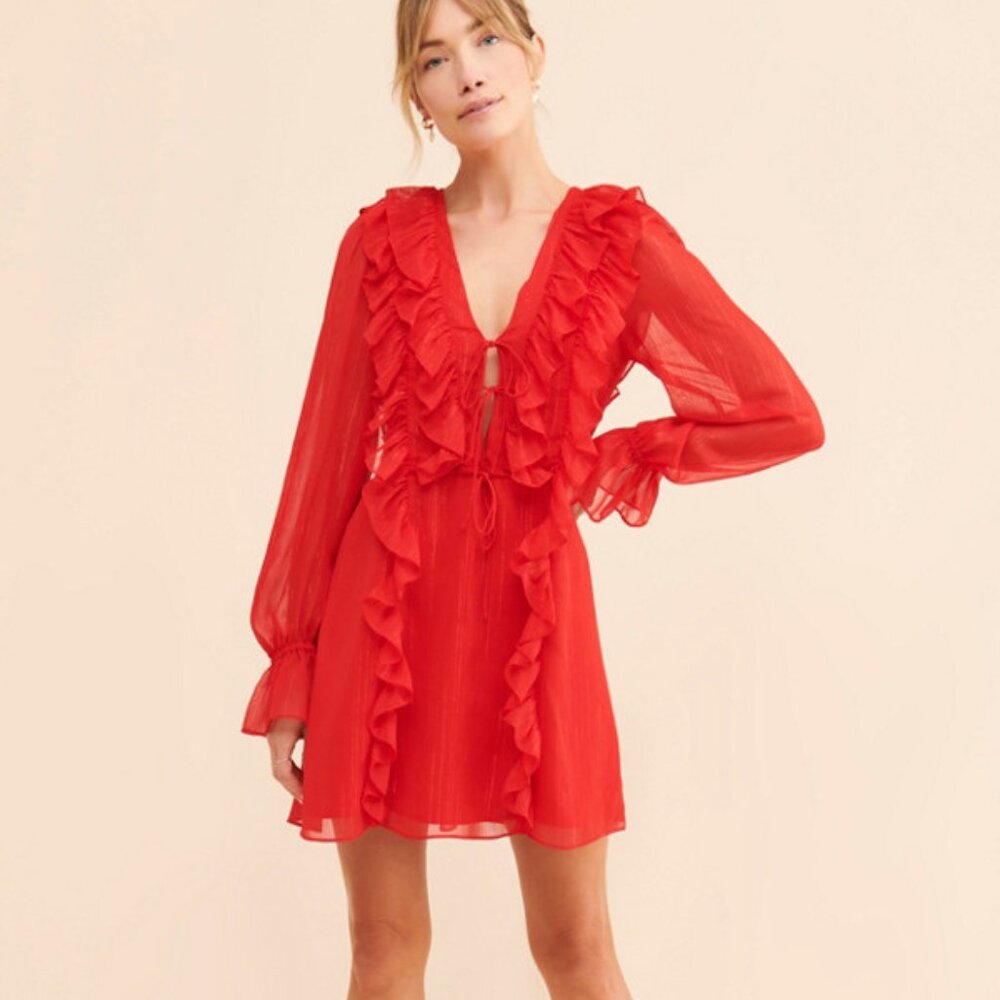 Bellevue XS Red Flowy Ruffled Front-Tie Long Sleeve Mini Dress